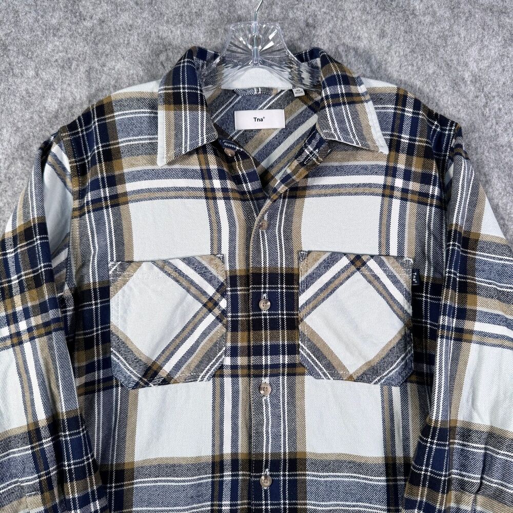 Tna Shirt Womens Size XS White Blue Long Sleeve Organic Cotton Flannel Aritzia